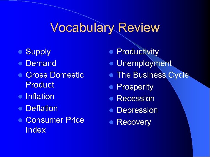 Vocabulary Review l l l Supply Demand Gross Domestic Product Inflation Deflation Consumer Price