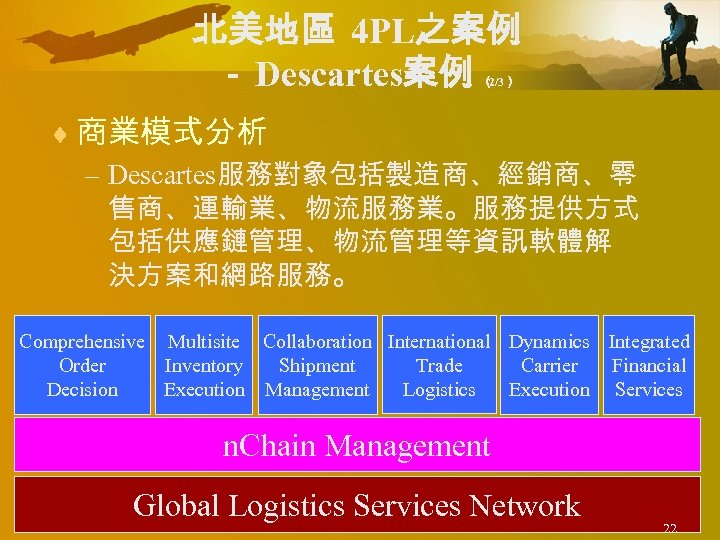 北美地區 4 PL之案例 － Descartes案例 （ 2/3） ¨ 商業模式分析 – Descartes服務對象包括製造商、經銷商、零 售商、運輸業、物流服務業。服務提供方式 包括供應鏈管理、物流管理等資訊軟體解 決方案和網路服務。
