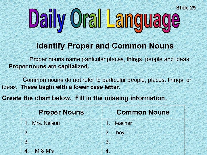 Slide 29 Identify Proper and Common Nouns Proper nouns name particular places, things, people