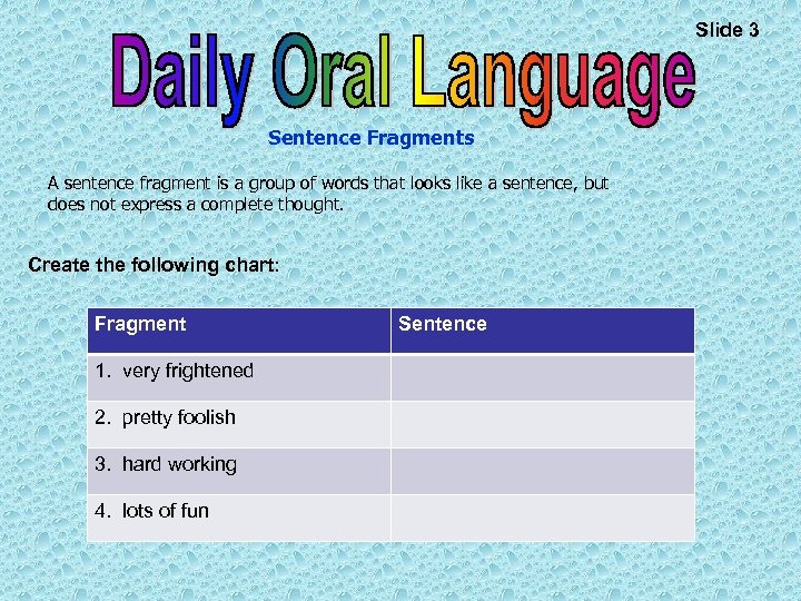 Slide 3 Sentence Fragments A sentence fragment is a group of words that looks