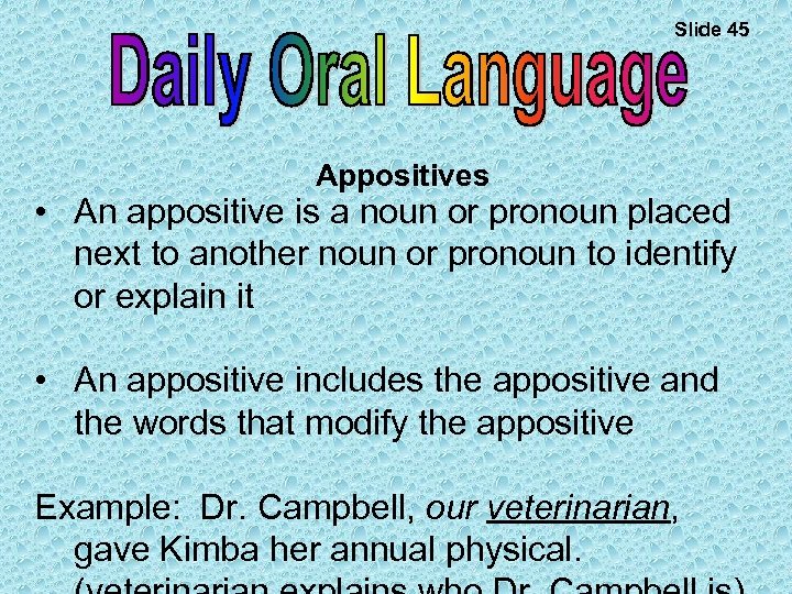 Slide 45 Appositives • An appositive is a noun or pronoun placed next to