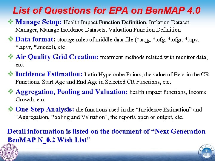 List of Questions for EPA on Ben. MAP 4. 0 v Manage Setup: Health