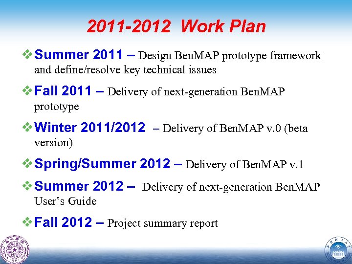 2011 -2012 Work Plan v Summer 2011 – Design Ben. MAP prototype framework and