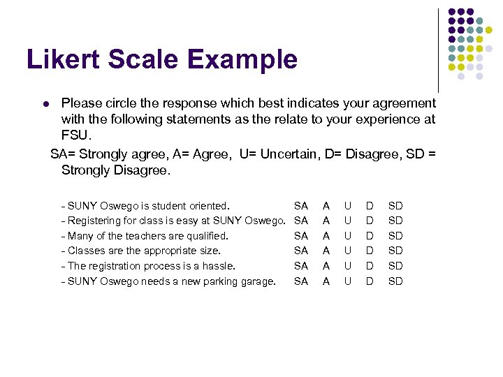 Likert Scale Example l Please circle the response which best indicates your agreement with