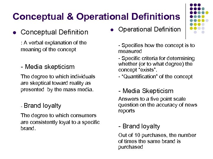 Conceptual & Operational Definitions l Conceptual Definition : A verbal explanation of the meaning