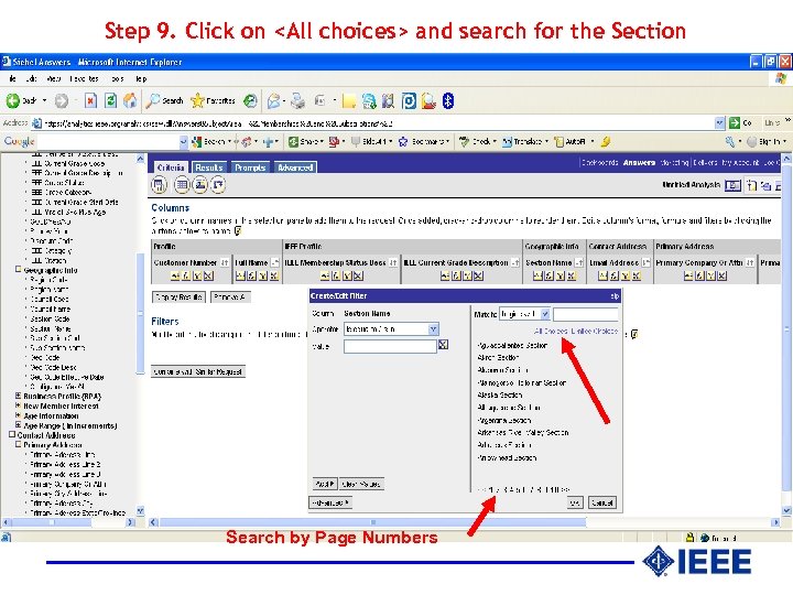 Step 9. Click on <All choices> and search for the Section Search by Page