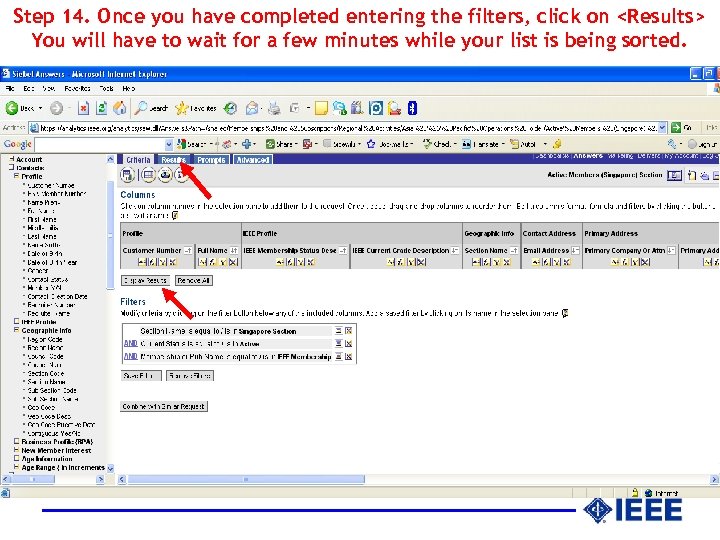 Step 14. Once you have completed entering the filters, click on <Results> You will