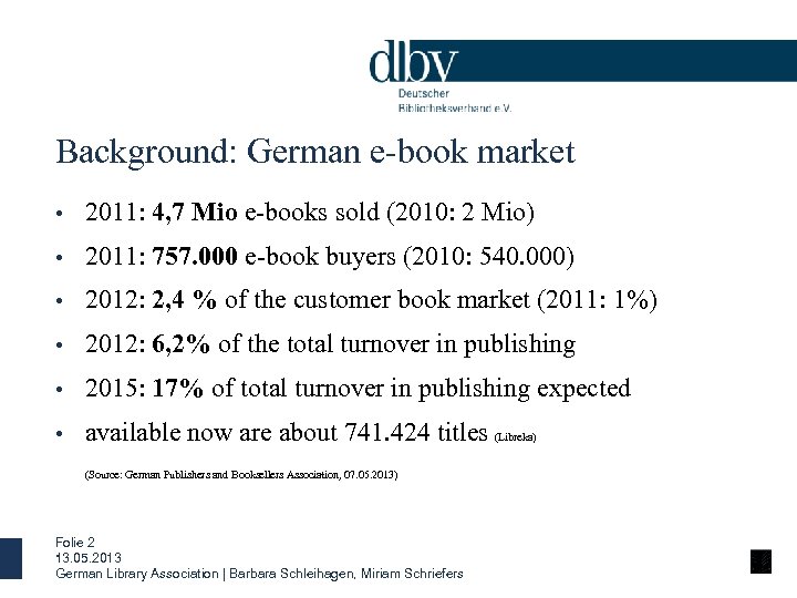 Background: German e-book market • 2011: 4, 7 Mio e-books sold (2010: 2 Mio)