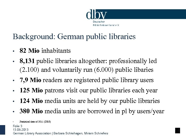 Background: German public libraries • 82 Mio inhabitants • 8, 131 public libraries altogether: