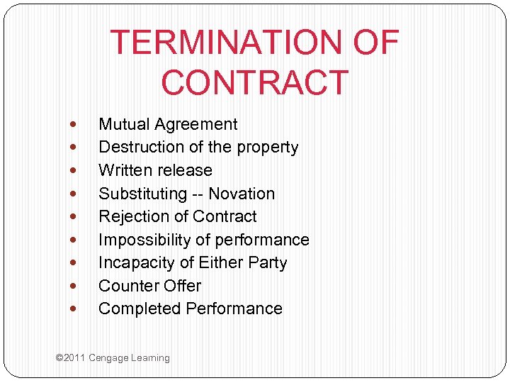 TERMINATION OF CONTRACT Mutual Agreement Destruction of the property Written release Substituting -- Novation