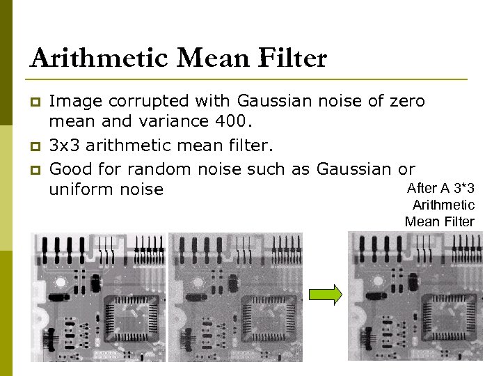 Arithmetic Mean Filter p p p Image corrupted with Gaussian noise of zero mean