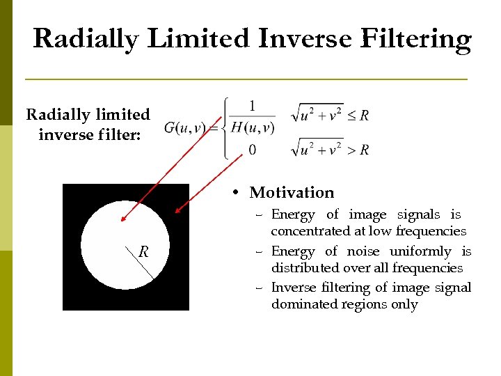 Radially Limited Inverse Filtering Radially limited inverse filter: • Motivation R – Energy of