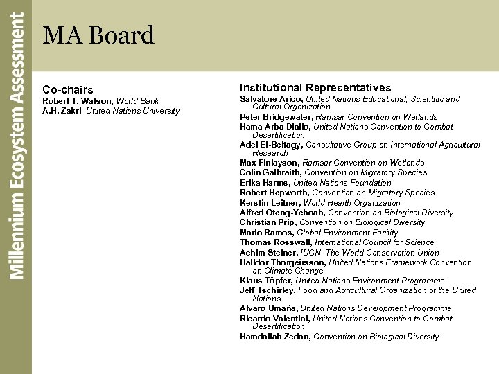 MA Board Co-chairs Robert T. Watson, World Bank A. H. Zakri, United Nations University