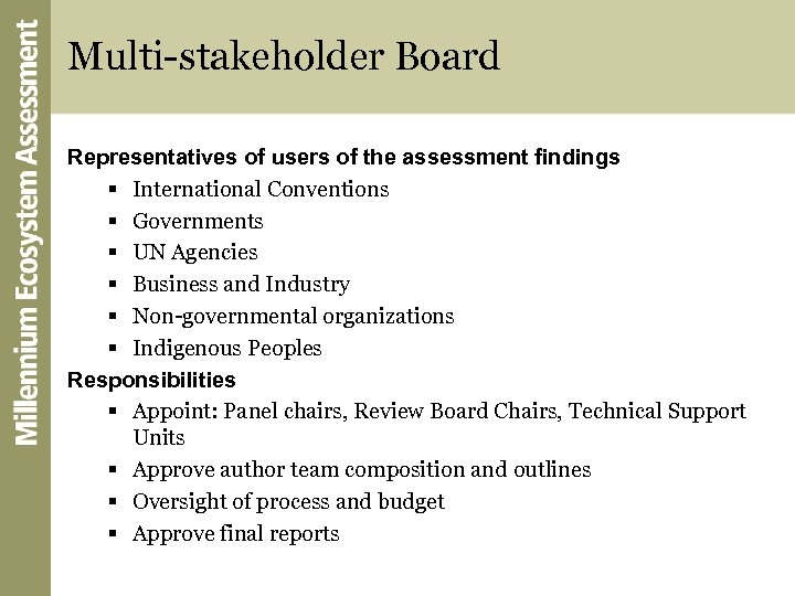 Multi-stakeholder Board Representatives of users of the assessment findings § International Conventions § Governments