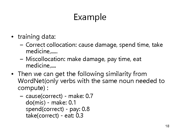 Example • training data: – Correct collocation: cause damage, spend time, take medicine, .