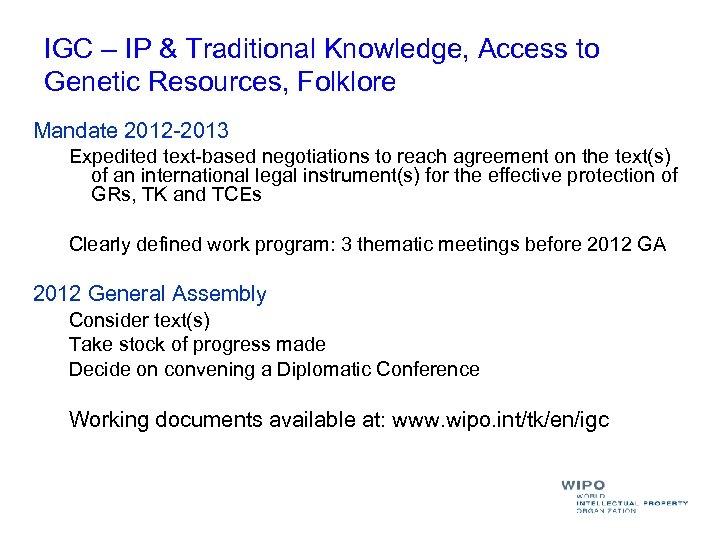 IGC – IP & Traditional Knowledge, Access to Genetic Resources, Folklore Mandate 2012 -2013