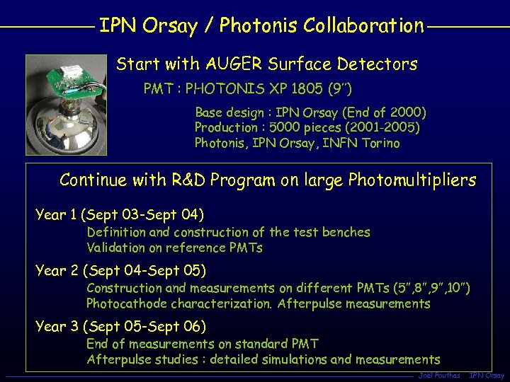 IPN Orsay / Photonis Collaboration Start with AUGER Surface Detectors PMT : PHOTONIS XP