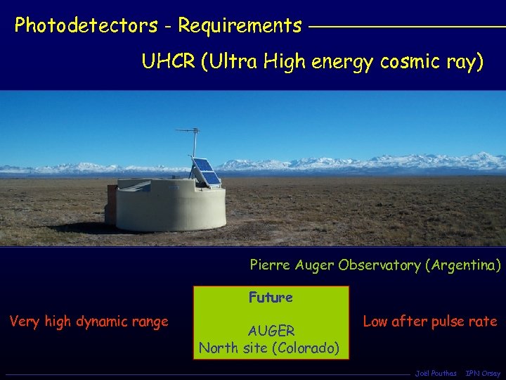 Photodetectors - Requirements UHCR (Ultra High energy cosmic ray) Pierre Auger Observatory (Argentina) Future