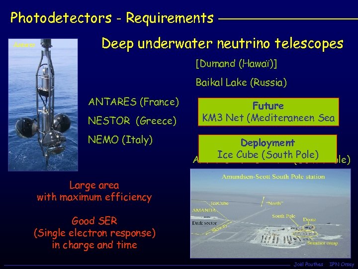 Photodetectors - Requirements Antares Deep underwater neutrino telescopes [Dumand (Hawaï)] Baikal Lake (Russia) ANTARES