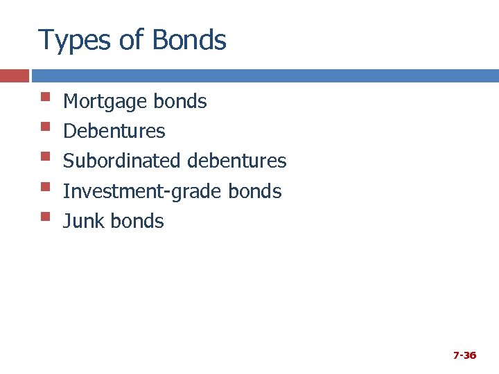 Types of Bonds § § § Mortgage bonds Debentures Subordinated debentures Investment-grade bonds Junk