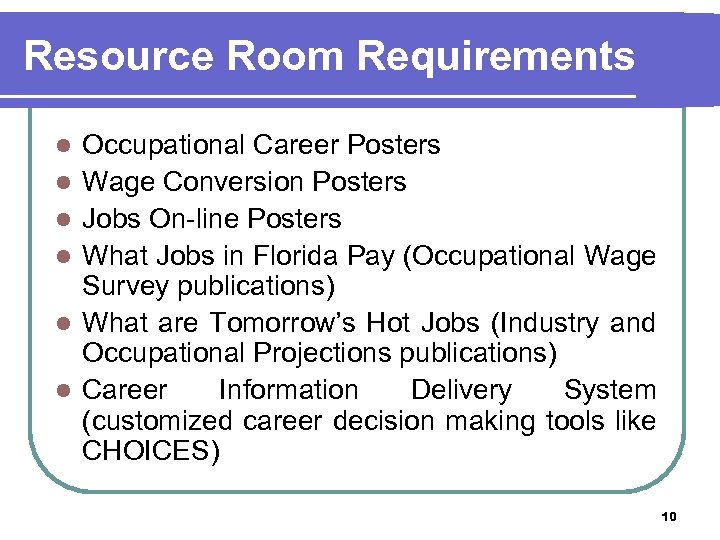 Resource Room Requirements l l l Occupational Career Posters Wage Conversion Posters Jobs On-line