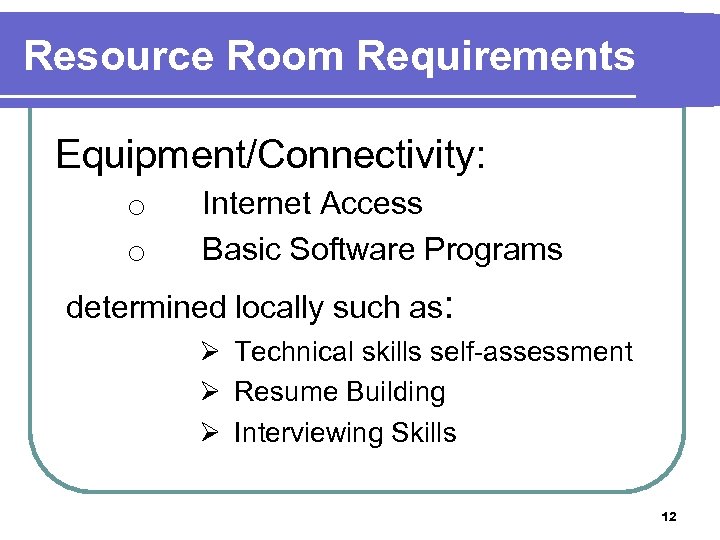 Resource Room Requirements Equipment/Connectivity: o Internet Access o Basic Software Programs determined locally such