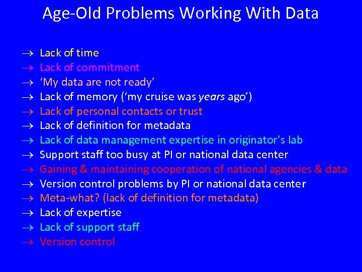 Age-Old Problems Working With Data Lack of time Lack of commitment ‘My data are