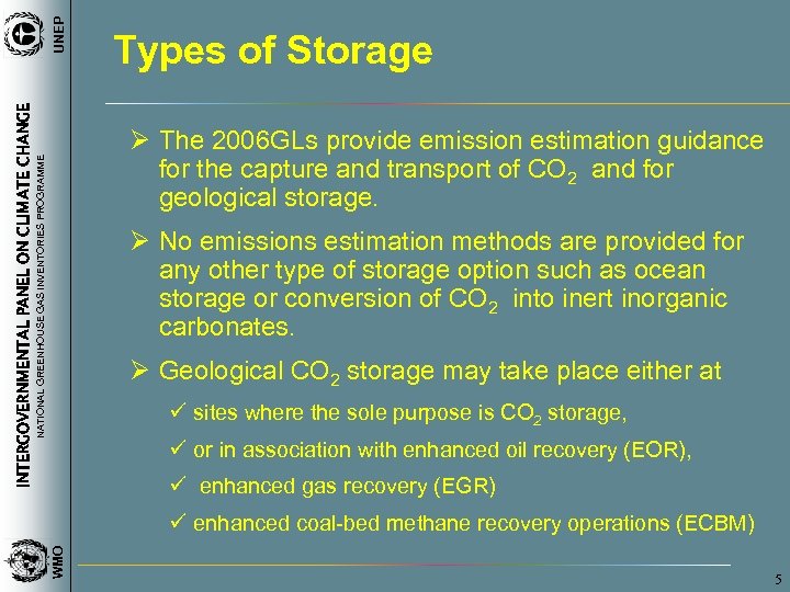 UNEP INTERGOVERNMENTAL PANEL ON CLIMATE CHANGE Types of Storage NATIONAL GREENHOUSE GAS INVENTORIES PROGRAMME