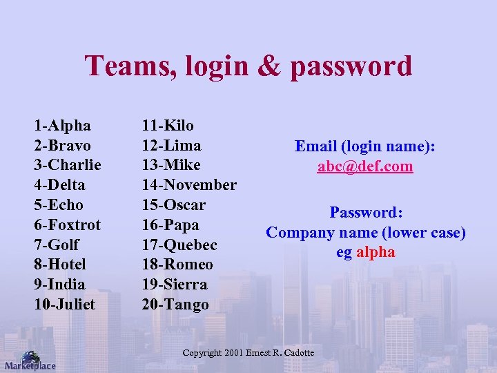 Teams, login & password 1 -Alpha 2 -Bravo 3 -Charlie 4 -Delta 5 -Echo