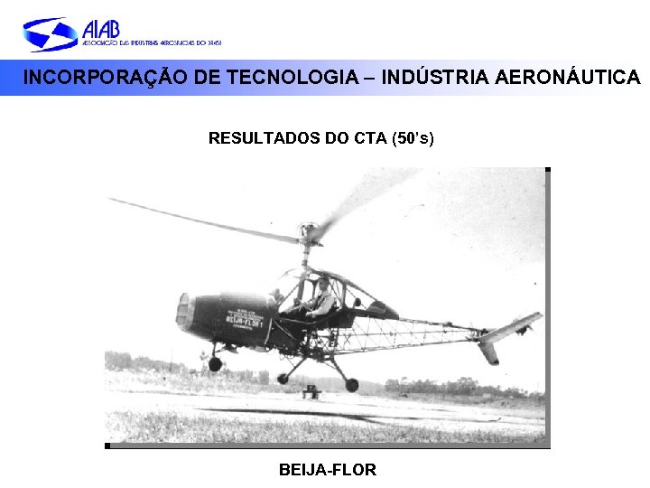 INCORPORAÇÃO DE TECNOLOGIA – INDÚSTRIA AERONÁUTICA RESULTADOS DO CTA (50’s) BEIJA-FLOR 