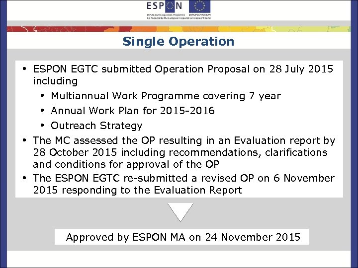 Single Operation • ESPON EGTC submitted Operation Proposal on 28 July 2015 including •