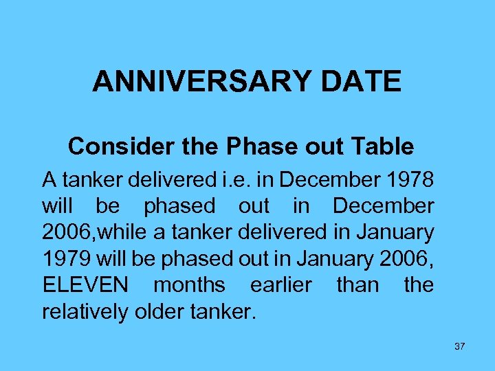 ANNIVERSARY DATE Consider the Phase out Table A tanker delivered i. e. in December