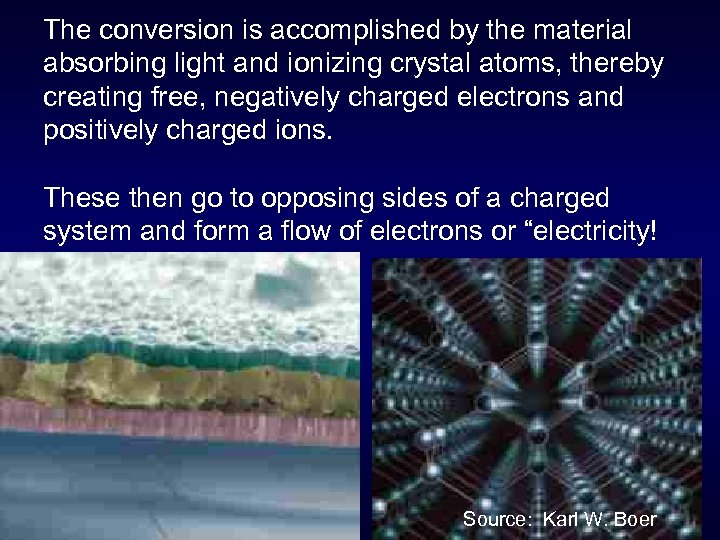 The conversion is accomplished by the material absorbing light and ionizing crystal atoms, thereby