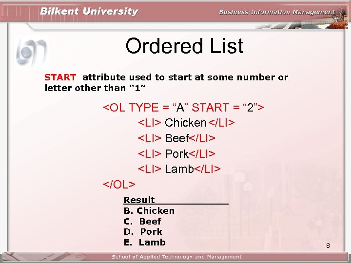 Ordered List START attribute used to start at some number or letter other than