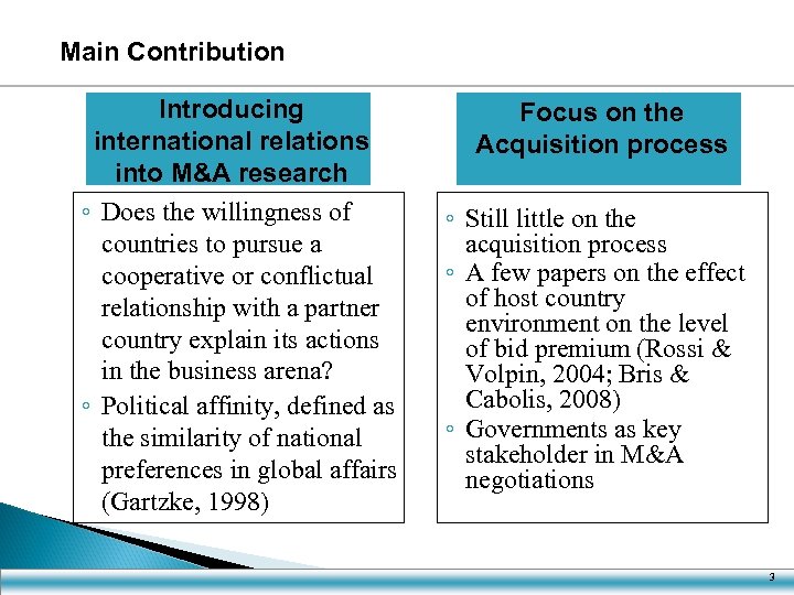 Main Contribution Introducing international relations into M&A research ◦ Does the willingness of countries
