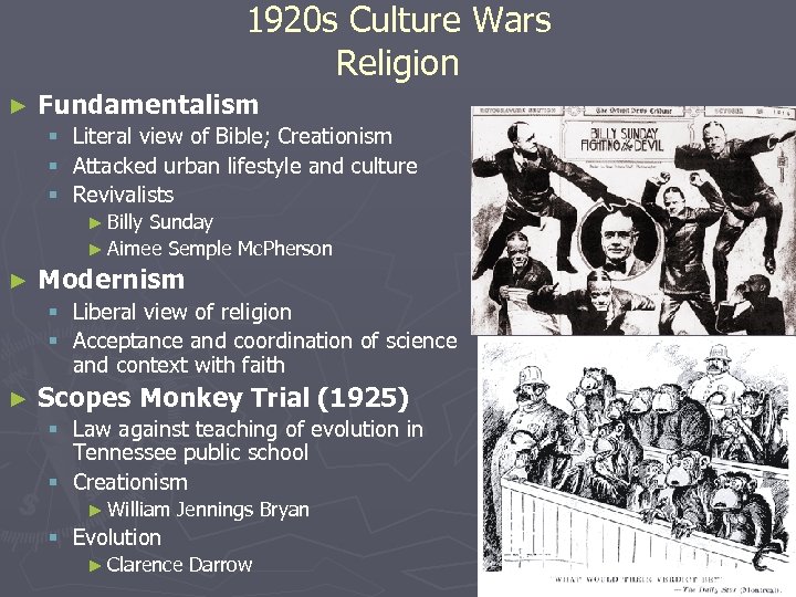 1920 s Culture Wars Religion ► Fundamentalism § Literal view of Bible; Creationism §