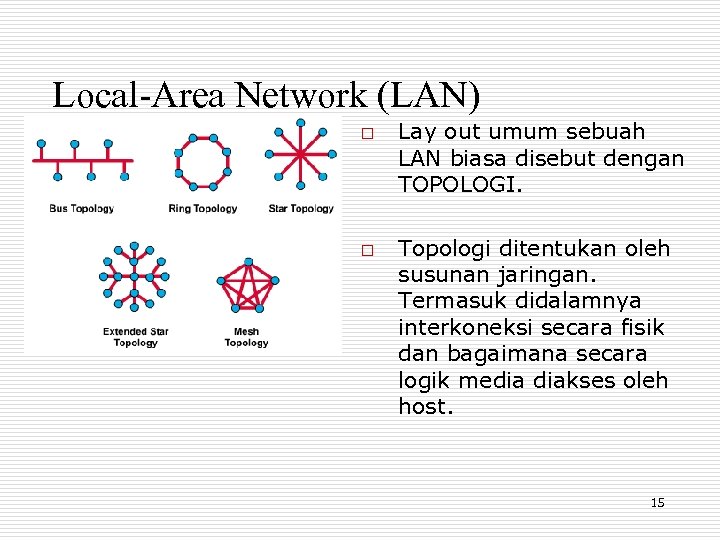 Local-Area Network (LAN) o o Lay out umum sebuah LAN biasa disebut dengan TOPOLOGI.