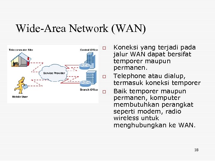 Wide-Area Network (WAN) o o o Koneksi yang terjadi pada jalur WAN dapat bersifat