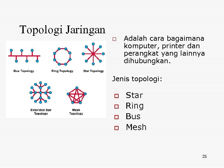 Topologi Jaringan o Adalah cara bagaimana komputer, printer dan perangkat yang lainnya dihubungkan. Jenis