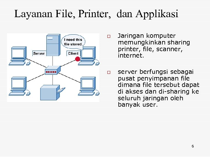 Layanan File, Printer, dan Applikasi o o Jaringan komputer memungkinkan sharing printer, file, scanner,