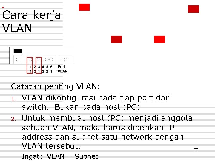 . Cara kerja VLAN Catatan penting VLAN: 1. VLAN dikonfigurasi pada tiap port dari