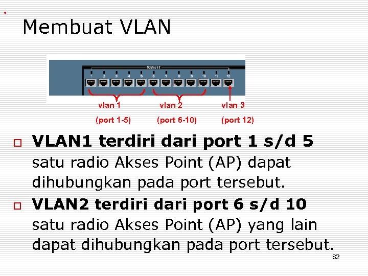 . Membuat VLAN vlan 1 vlan 2 vlan 3 (port 1 -5) (port 6
