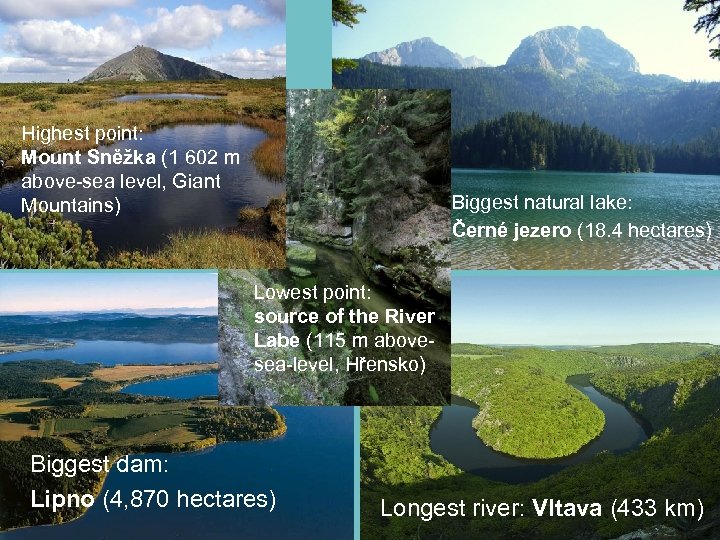 Highest point: Mount Sněžka (1 602 m above-sea level, Giant Mountains) Biggest natural lake: