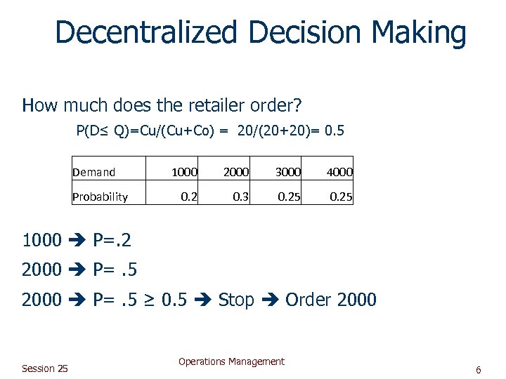 Decentralized Decision Making How much does the retailer order? P(D≤ Q)=Cu/(Cu+Co) = 20/(20+20)= 0.