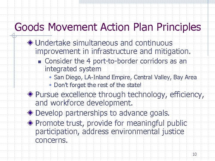 Goods Movement Action Plan Principles Undertake simultaneous and continuous improvement in infrastructure and mitigation.