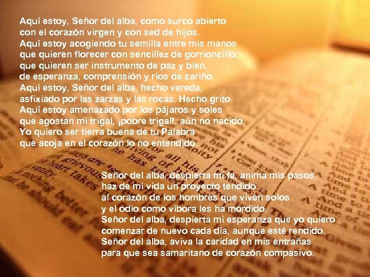 Aquí estoy, Señor del alba, como surco abierto con el corazón virgen y con