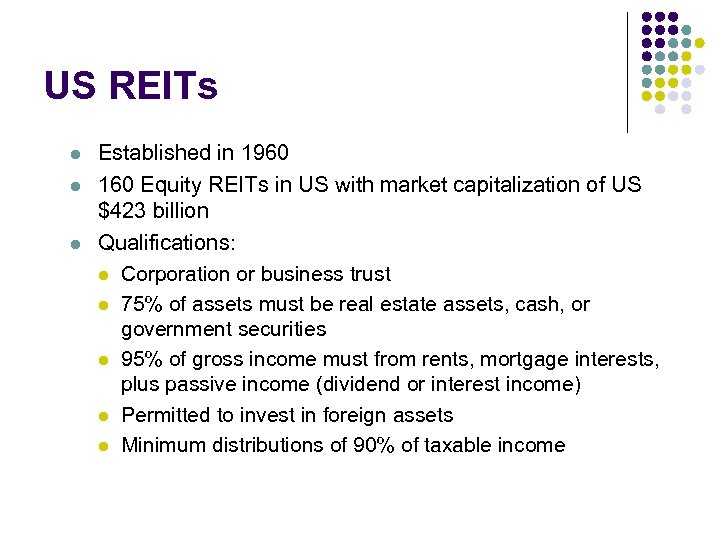 US REITs l l l Established in 1960 160 Equity REITs in US with