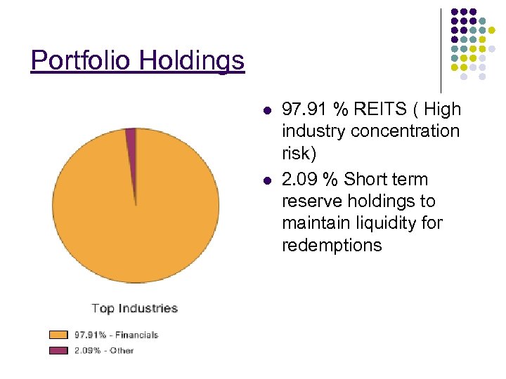 Portfolio Holdings l l 97. 91 % REITS ( High industry concentration risk) 2.