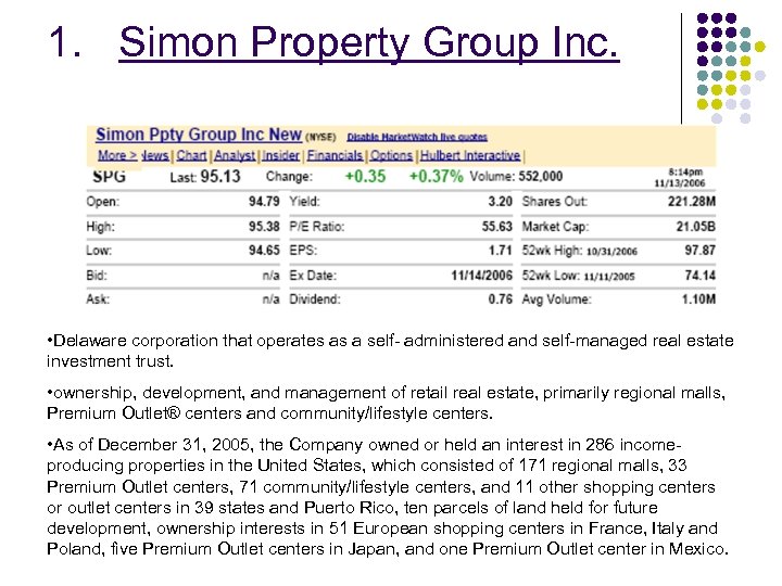1. Simon Property Group Inc. • Delaware corporation that operates as a self- administered