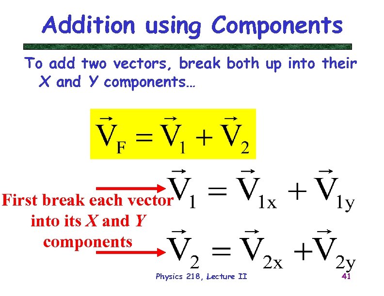 Addition using Components To add two vectors, break both up into their X and